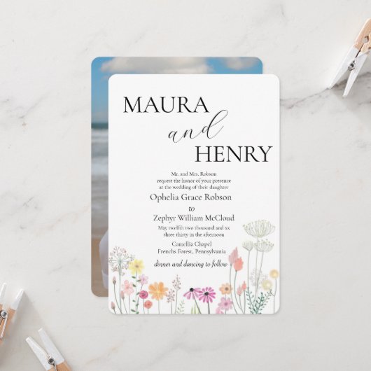 カラフル春ワイルドフラワーの結婚写真 招待状 (正面/裏面インサイチュ)