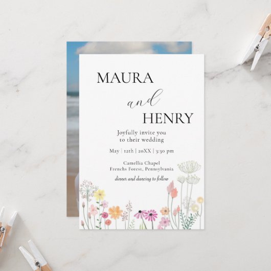 カラフル春ワイルドフラワーカジュアルフォト結婚ズ 招待状 (正面/裏面インサイチュ)