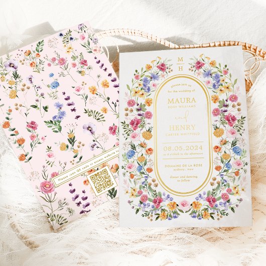 カラフル春ワイルドフラワーガーデンQRコー結婚ド 箔招待状