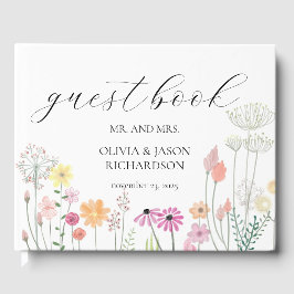 カラフル春ワイルドフラワー結婚のスクリプエレガントト ゲストブック