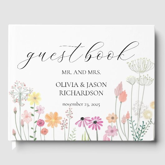 カラフル春ワイルドフラワー結婚のスクリプエレガントト ゲストブック (正面)