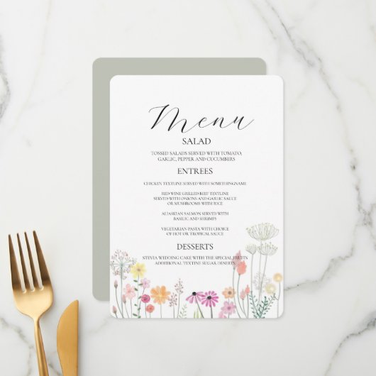 カラフル春ワイルドフラワー結婚のメニュー招待状 メニュー (正面/裏面インサイチュ)