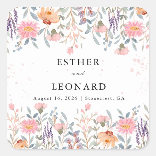 カラフル春ワイルドフラワー結婚ズ スクエアシール (正面)