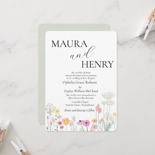 カラフル春ワイルドフラワー結婚ズ 招待状 (正面/裏面インサイチュ)