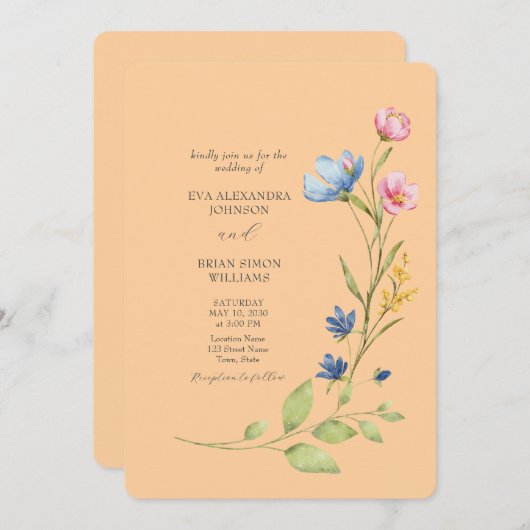 カラフル春ワイルドフラワー結婚式招待状 招待状 (正面/裏面)