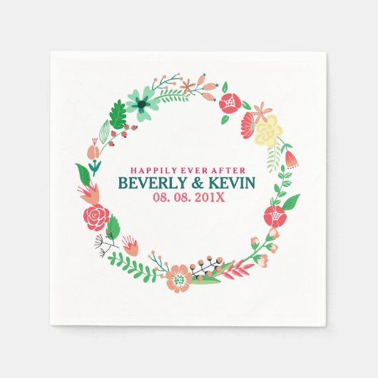 カラフル春結婚フローラリース スタンダードカクテルナプキン (正面)