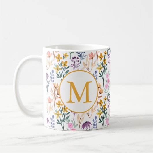 カラフル春花水彩模様モノグラム コーヒーマグカップ (左)
