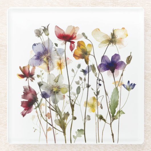 カラフル春野生の花の水色 ガラスコースター (正面)