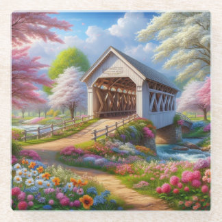 カラフル春/フローラで覆われた橋&川 ガラスコースター