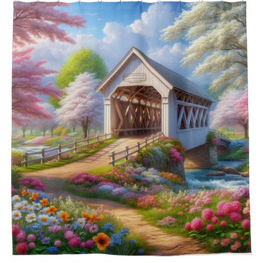 カラフル春/フローラで覆われた橋&川 シャワーカーテン (正面)