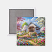 カラフル春/フローラで覆われた橋&川 マグネット (正面/裏面)