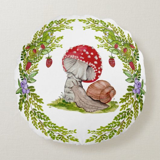 カラフル林が飛びカタツムリ ラウンドクッション (正面)