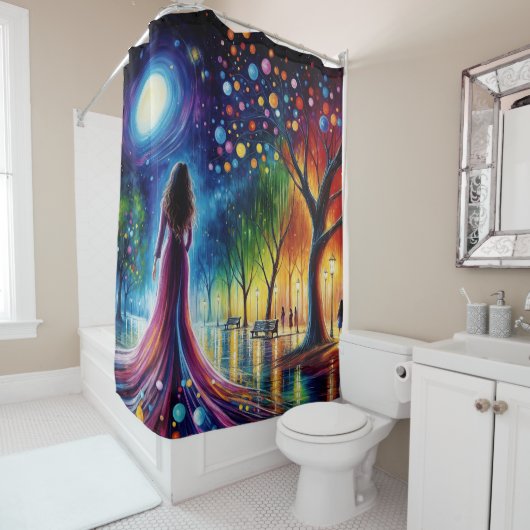 カラフル林に流れるガウン歩くの女性 シャワーカーテン (インサイチュ)