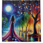 カラフル林に流れるガウン歩くの女性 シャワーカーテン (正面)