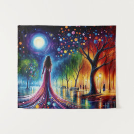 カラフル林に流れるガウン歩くの女性 タペストリー