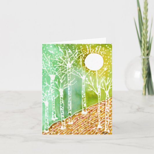 カラフル樺の木の木・月・鳥のグリーティングカード カード (正面)