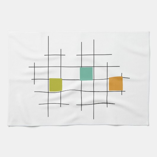 カラフル正方形と線の幾何学中央世紀 キッチンタオル (横)