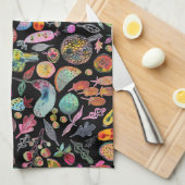 カラフル水お洒落色フルーツ野菜ブラック キッチンタオル (四つ折り)