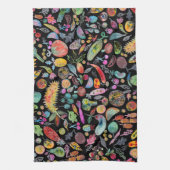 カラフル水お洒落色フルーツ野菜ブラック キッチンタオル (縦)