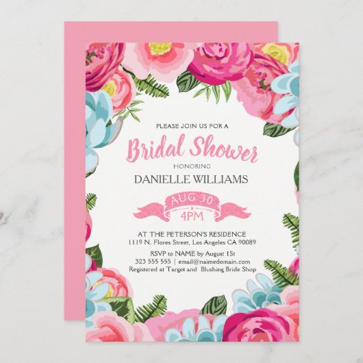 カラフル水彩花フレーム 招待状 (正面/裏面)