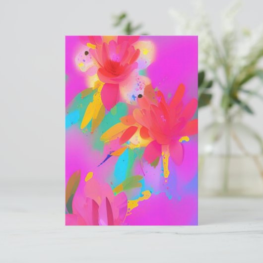 カラフル水彩花暗い赤紫色抽象芸術子猫 サンキューカード (スタンド正面)