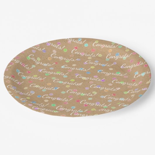 カラフル水玉模様オンKraftフェイク紙背景 ペーパープレート (アングル)