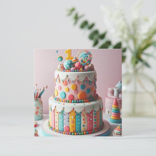 カラフル水玉模様ケーキ1歳の誕生日 招待状 (スタンド正面)