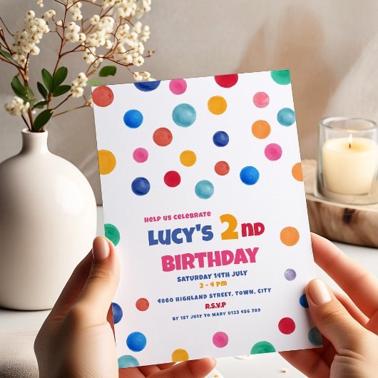 カラフル水玉模様2回目の誕生日パーティの招待状 招待状