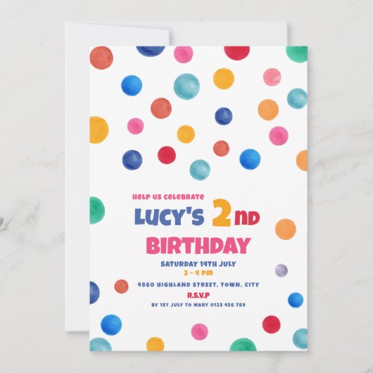 カラフル水玉模様2回目の誕生日パーティの招待状 招待状 (正面)