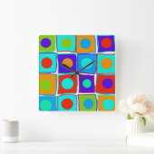 カラフル水玉模様&スクウェアアートクロック ラウンド壁時計 (ホーム)