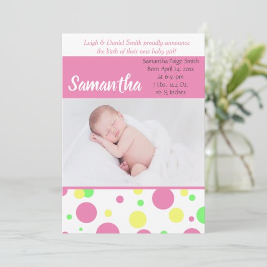 カラフル水玉模様 |ベビーガールフォト誕生 案内状 (スタンド正面)