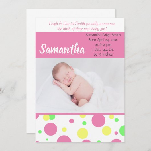 カラフル水玉模様 |ベビーガールフォト誕生 案内状 (正面/裏面)