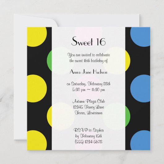 カラフル水玉模様、水玉模様パターン、甘い16 招待状 (正面)