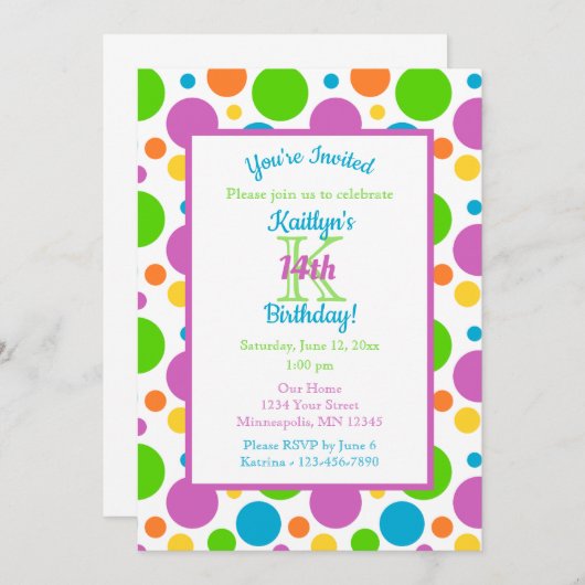 カラフル水玉模様 |誕生日パーティー 招待状 (正面/裏面)