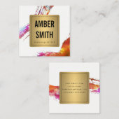 カラフル水色絵を描消し金ゴールドフェイクラベル スクエア名刺 (正面/裏面)