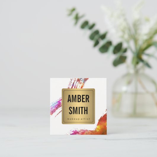 カラフル水色絵を描消し金ゴールドフェイクラベル スクエア名刺 (スタンド正面)