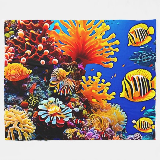 カラフル海水中生物 フリースブランケット (正面(横))