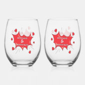 カラフル漫画ブックアポップ・アートのート結婚式の引き出物ハート ステムなしワイングラス (正面)