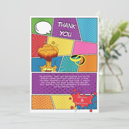 カラフル漫画ポップ・アートのブックア結婚ート サンキューカード (スタンド正面)