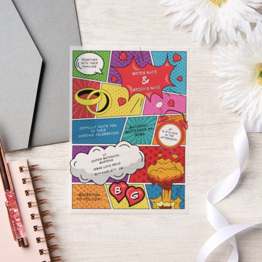 カラフル漫画ポップ・アートのブックア結婚ート ベラム紙招待状 (ウェディング)
