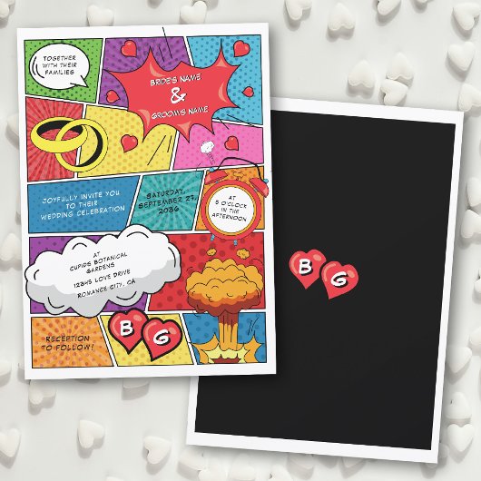 カラフル漫画ポップ・アートのブックア結婚ート 招待状