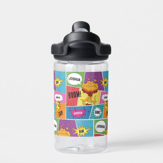 カラフル漫画本パーソナライズされた名アポップ・アートのート ウォーターボトル (背面)
