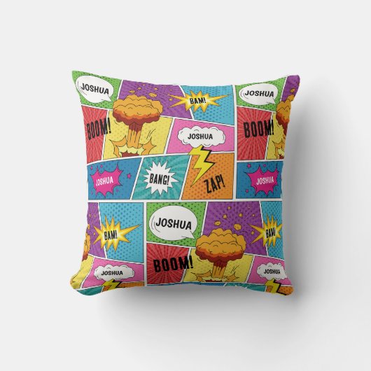 カラフル漫画本パーソナライズされた名アポップ・アートのート クッション (正面)