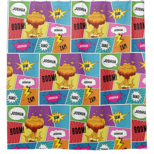 カラフル漫画本パーソナライズされた名アポップ・アートのート シャワーカーテン (正面)