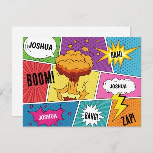 カラフル漫画本パーソナライズされた名アポップ・アートのート シーズンポストカード (正面/裏面)