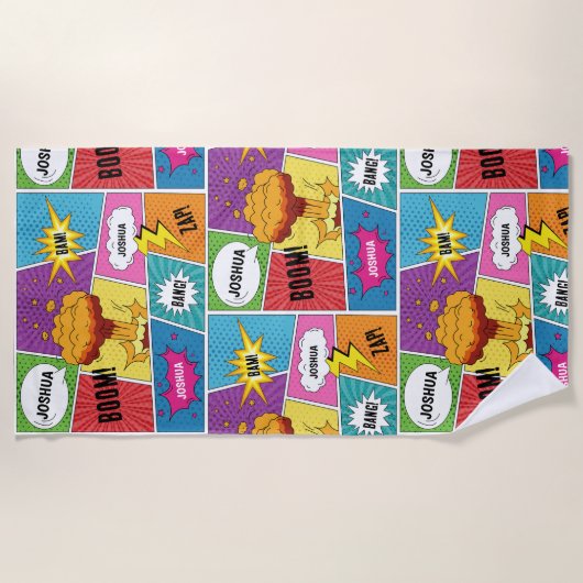 カラフル漫画本パーソナライズされた名アポップ・アートのート ビーチタオル (正面)