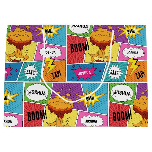 カラフル漫画本パーソナライズされた名アポップ・アートのート ラージペーパーバッグ (正面)