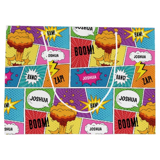 カラフル漫画本パーソナライズされた名アポップ・アートのート ラージペーパーバッグ (裏面)