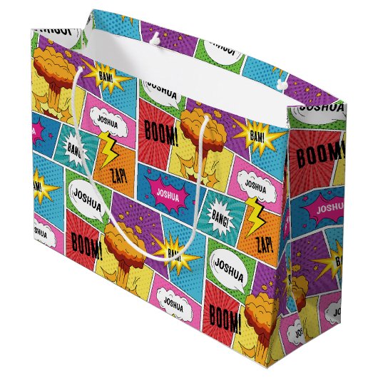 カラフル漫画本パーソナライズされた名アポップ・アートのート ラージペーパーバッグ (裏面アングル)