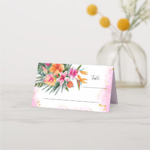 カラフル熱帯の花ピンク&オレンジ結婚ズ プレイスカード